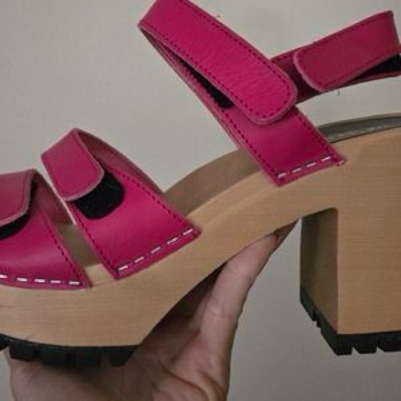 New Swedish Hasbeens Pink Velcra Platform Clog Sandals 40 - Picture 2 of 8